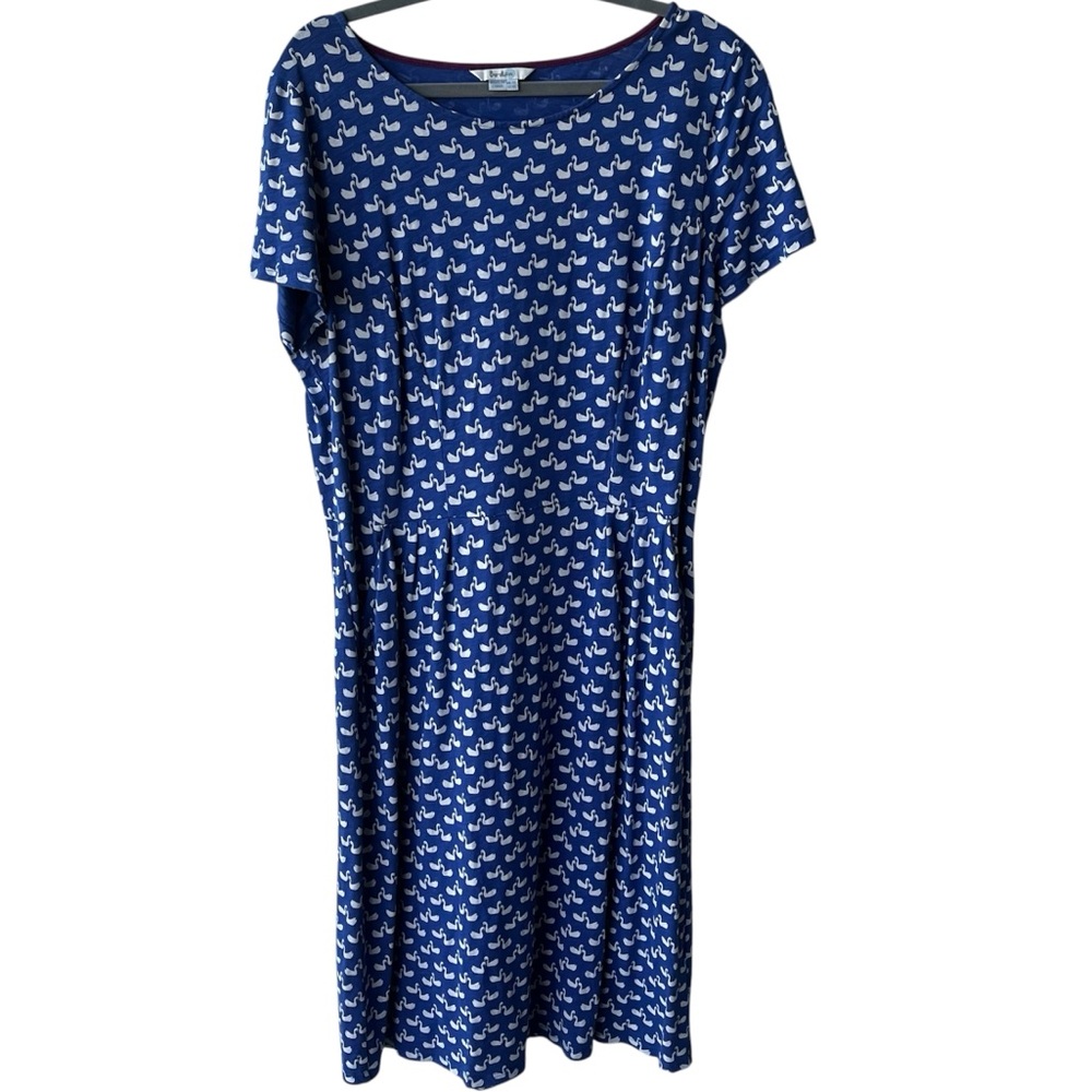 Boden Phoebe Blue Jersey Midi Dress Swan Print 100% Cotton Size US 16 Long - Picture 2 of 11